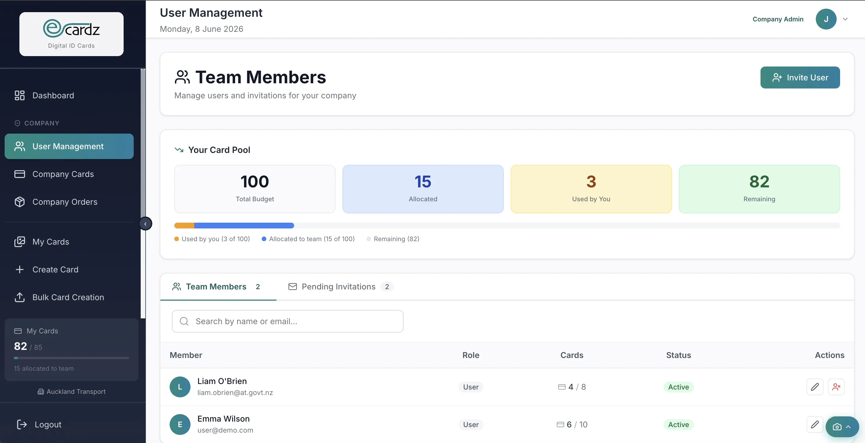 Company admin user management — invite and manage team members